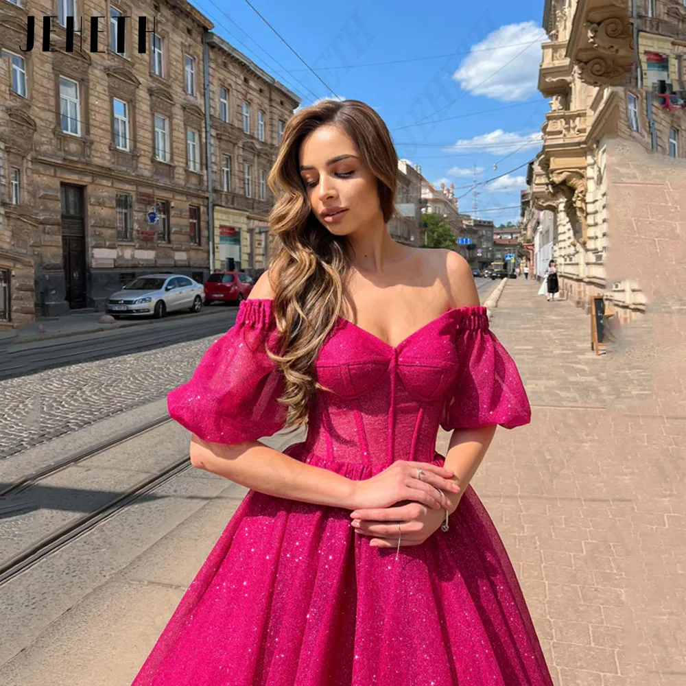 JEHETH Modern Glitter Sweetheart Prom Vestido Curto Puff Mangas Tornozelo ComprimJEHETH Modern Glitter Querida Prom Dress Curto Puff Mangas Tornozelo Comprimento Vestido de Festa Brilhante Tule A Linha Vestidos De Gala