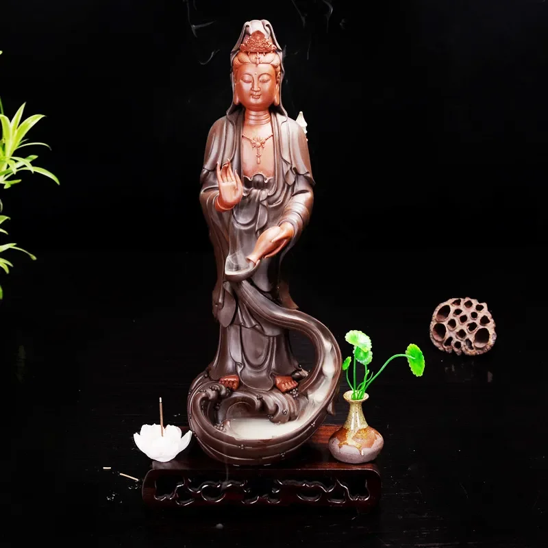 Ceramic Backflow Incense Burner Avalokitesvara Bodhisattva Statue Wooden Base Home Decor Living Room Ornament Peaceful Zen