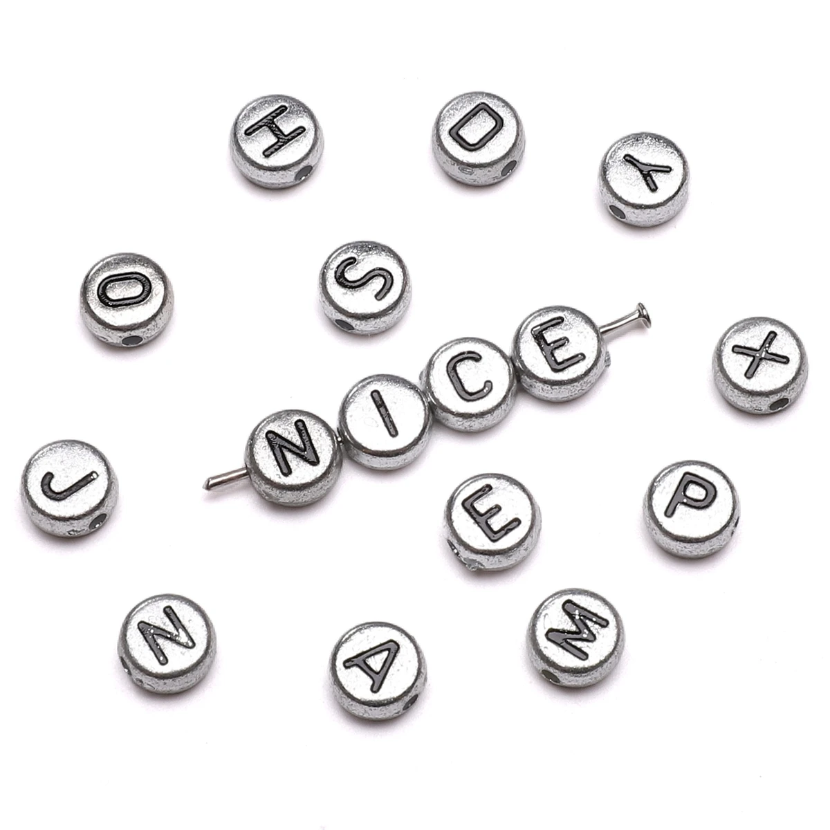 50pcs 4x7mm Silver Color Acrylic Letter Beads Round Flat Alphabet Spacer Beads for Jewelry Making Handmade Diy Bracelet Necklace