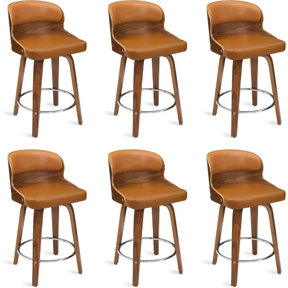 26 Inch Bar Chairs with Solid Back, Walnut Finish and Swivel Seat, Counter Height Barstool Set of 6, Brown