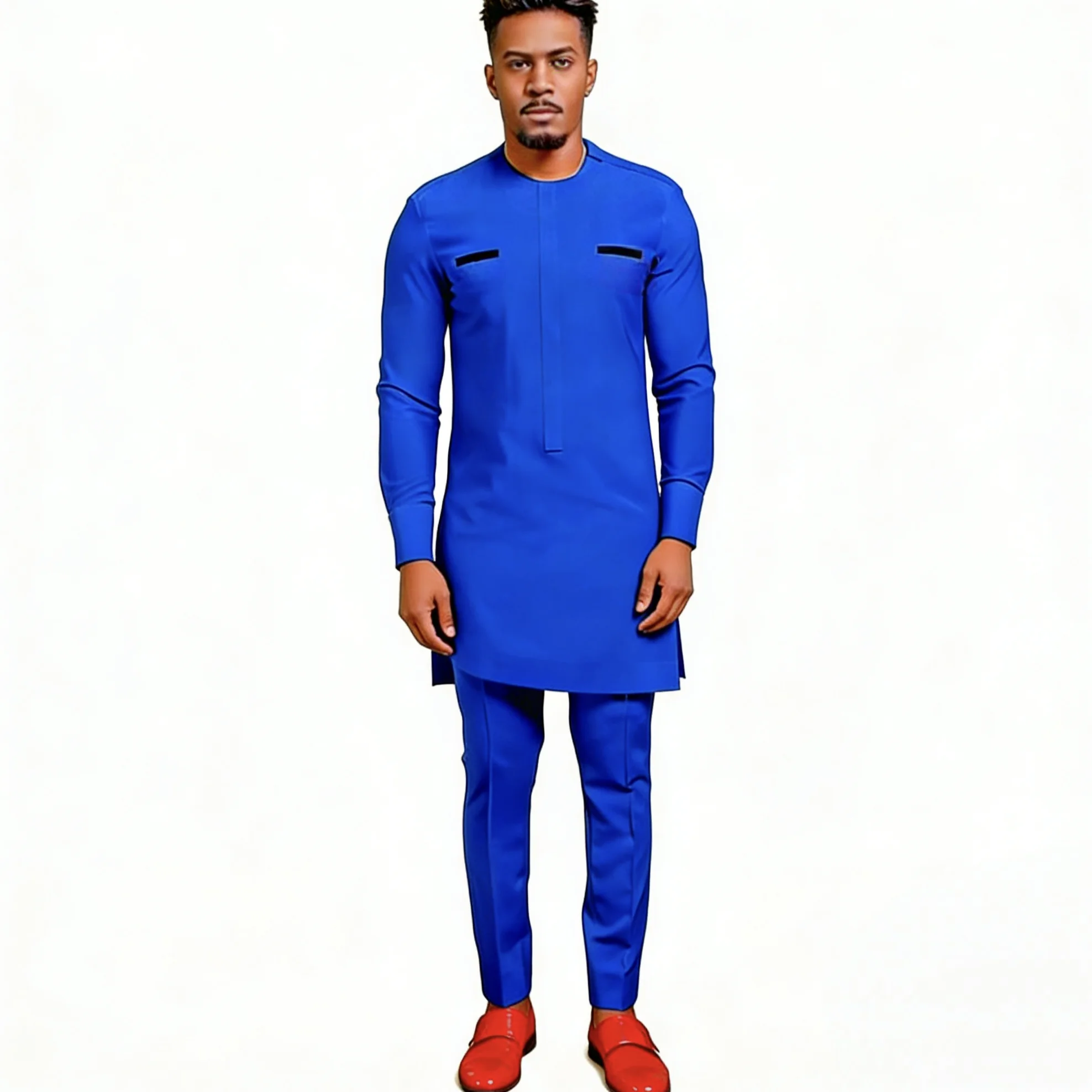 patchwork-tops-men's-set-blue-long-sleeve-shirts-patch-solid-trousers-nigerian-styled-male-groom-suits-ankara-outfits