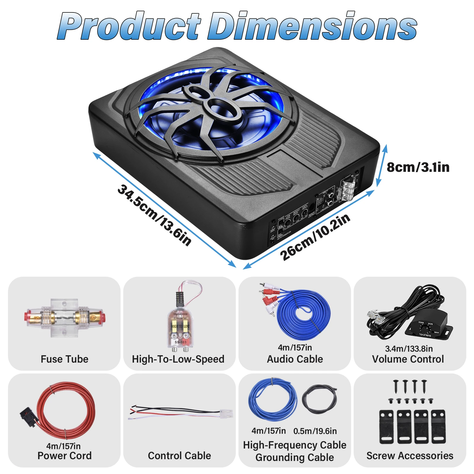 Upgraded 10' 1200W Slim Under Seat Powered Car Subwoofer, Car/Truck Sub Built in Amplifier for Outstanding Heat Dissipation, Powerful Bass and Blue LED Ambient Light
