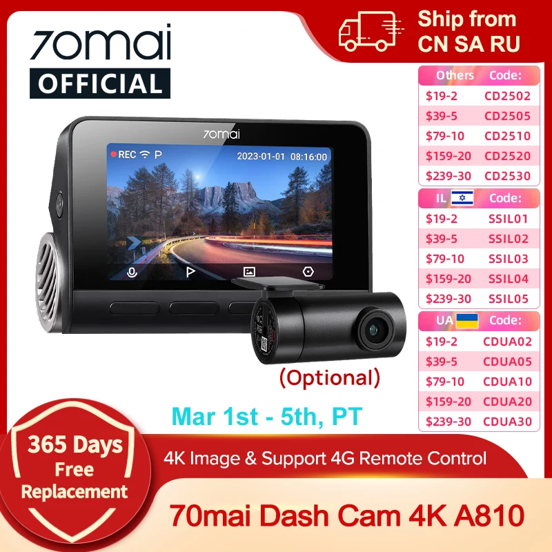 Global 70mai Dash Cam A810 Ultra HD 4K GPS embutido ADAS Gravação automática 150FOV Detecção de movimento 70mai A810 Carro DVR Suporte Cam traseira