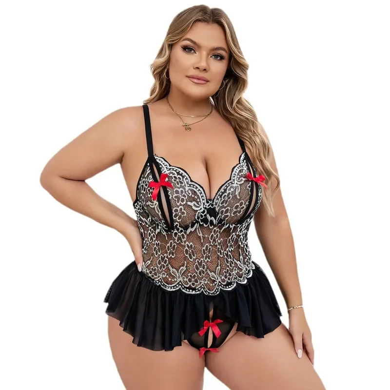 Set di lingerie sexy coniglietto, canotta in pizzo, camicia da notte seducente, mutandine intimo modellante ricamate Bblack