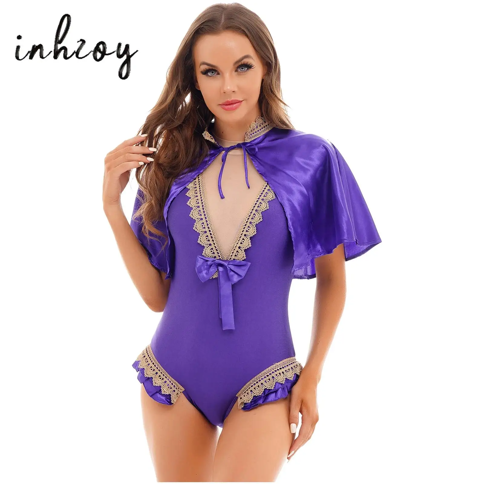 

2Pcs Women Showman Cosplay Costume Halloween Party Role Play Outfit Shiny Satin Cape Top+Sleeveless High Cut Leotard Bodysuit