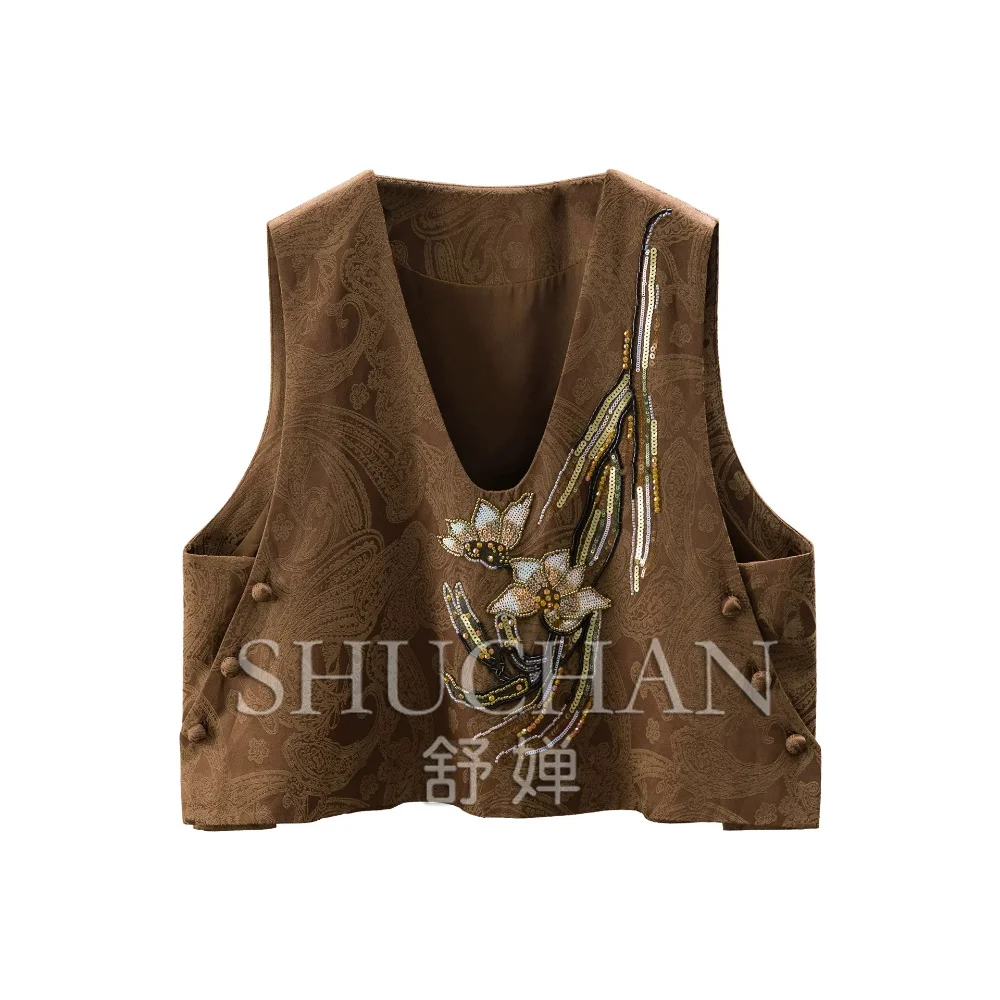 Lotus Rhyme Weave, New Chinese Style with Linen Heavy Industry Beads Sequined Lotus Vest Female F329