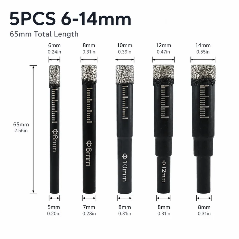 5PCS Diamond Hole Saw Drill Bits 6‑14mm Wear‑Resistant for Tile Porcelain Marble Glass Drilling