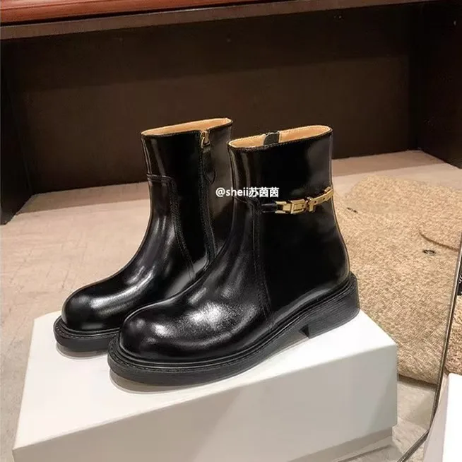 

Women's Short Boots Leather Side Zipper Small Gold Buckle Chelsea Boots Round Toe Heel Motorcycle Boots Fashionable Versatile