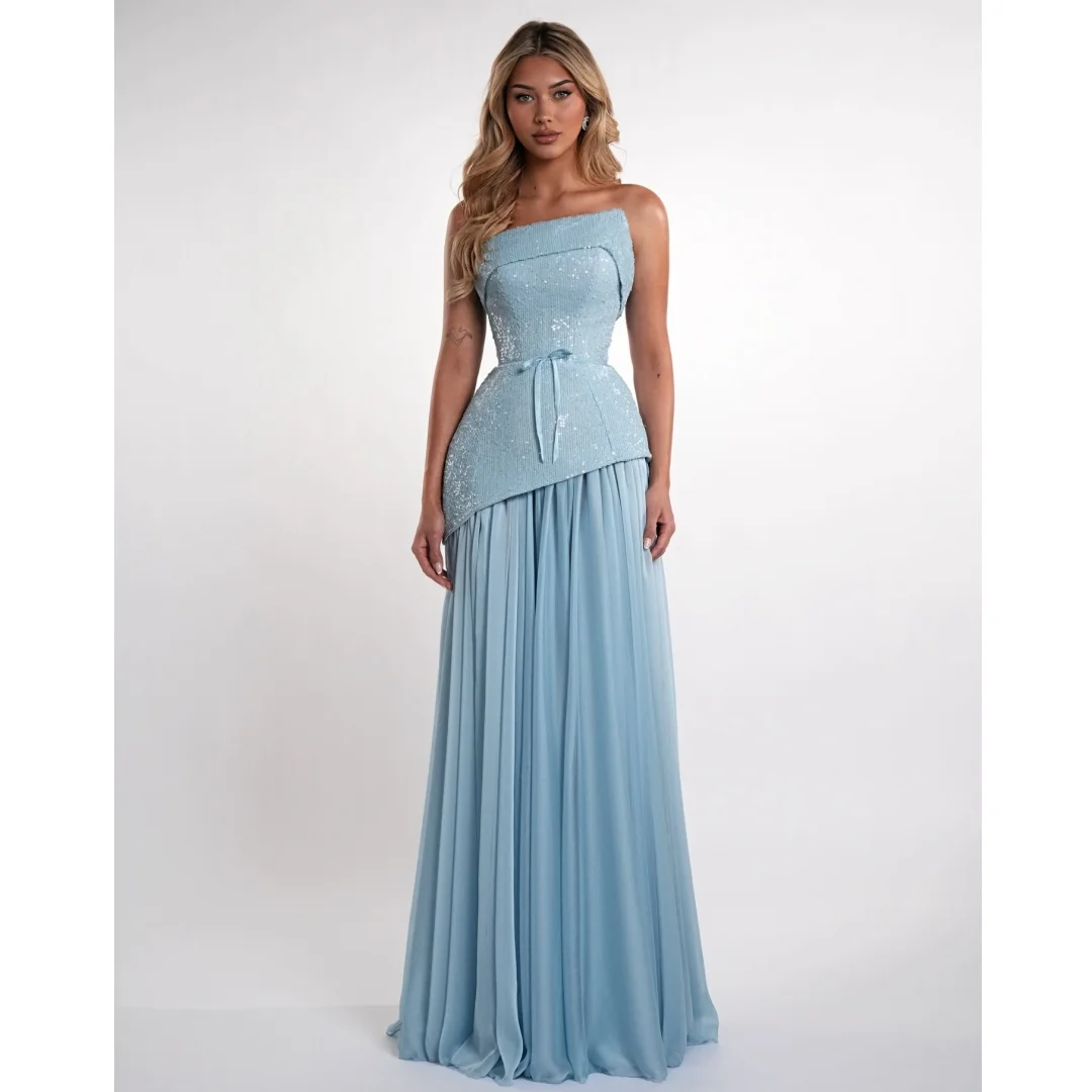 

2 Pcs Light Blue Evening Dresses Sequined Strapless Corset Prom Dress Chiffon Skirt Formal Party Gown Gala Vestidos Customized