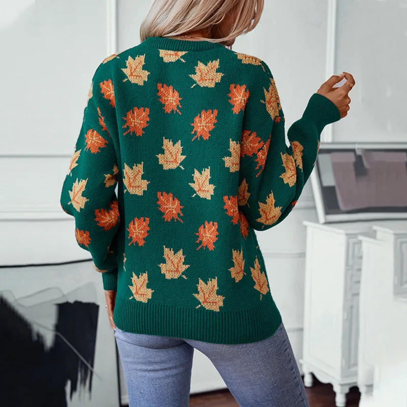 2024 autumn and winter European and American sweater women\'s maple leaf pattern jacquard casual pullover cross-border knitted sw