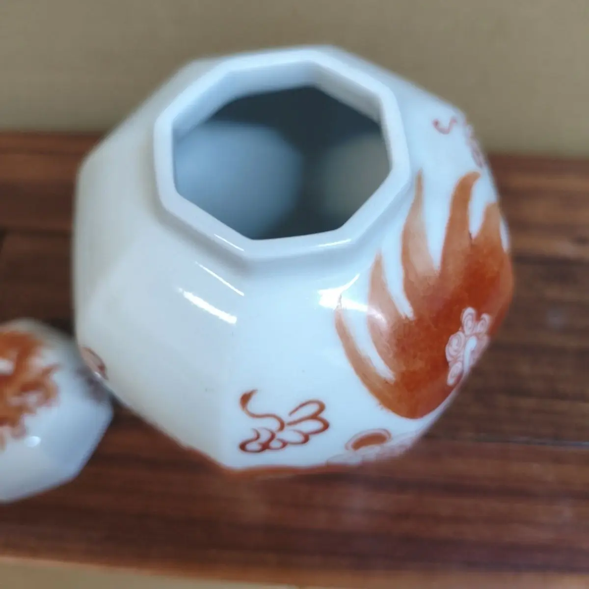 Vintage Hand Painted Pastel Porcelain Tea Caddy With Red Lion Taishi Shaobao Pattern Chinese Antique Collection Storage Jar