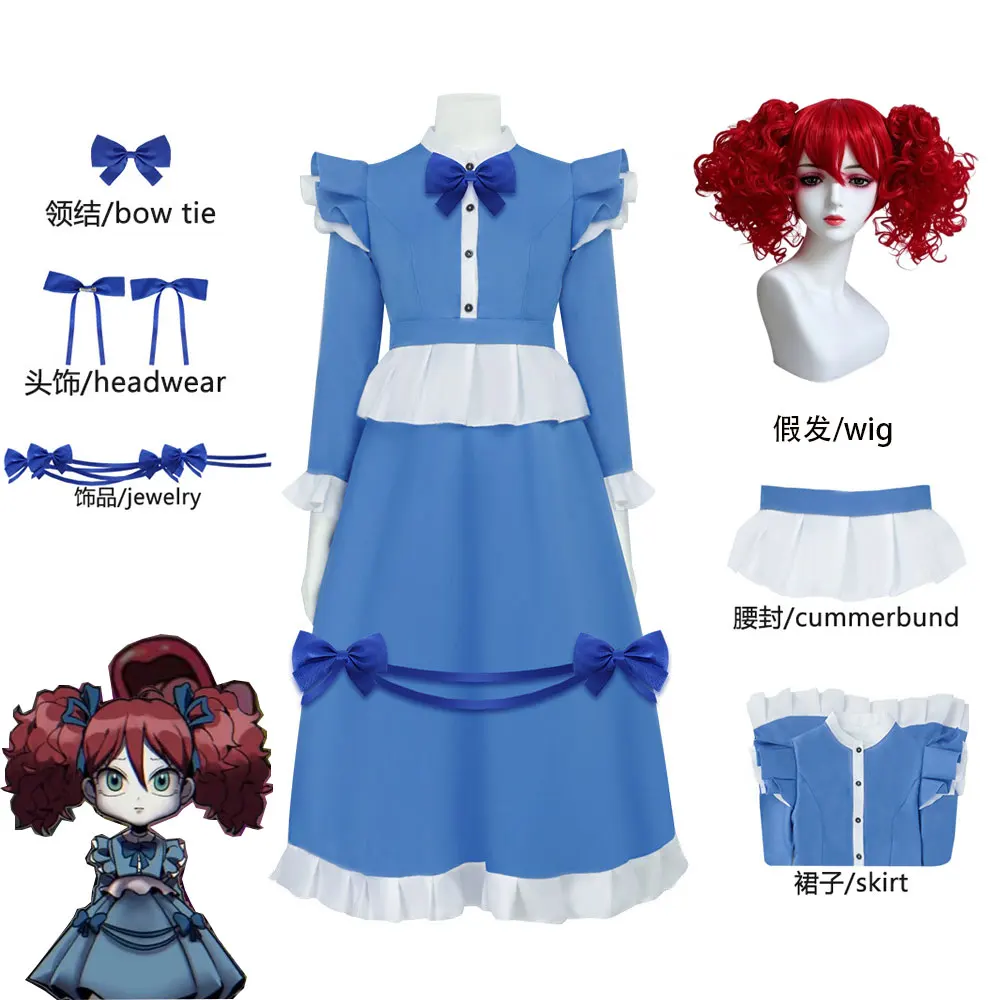 Costume de poupée femme aux cheveux roux effrayants pour cosplay Game Poppy, robe de demoiselle d'honneur Lolita bleue, tenue de fête d'Halloween et de carnaval pour femmes