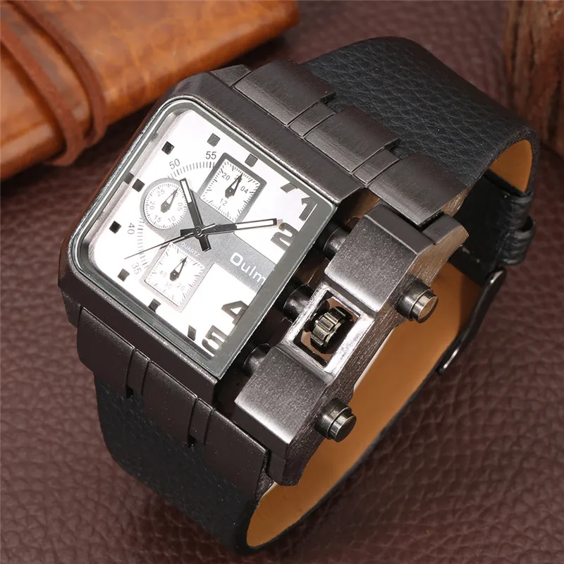 OULM Unique Design Square Men Wristwatch Wide Big Dial Leather Strap Watches