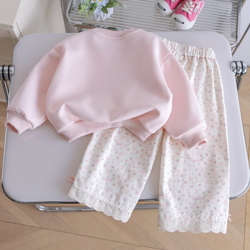 

Girls Cartoon Suit25New Stylish Spring and Autumn Casual Bunny Print Floral Baby Girl Sweet Cute Two-Piece Set
