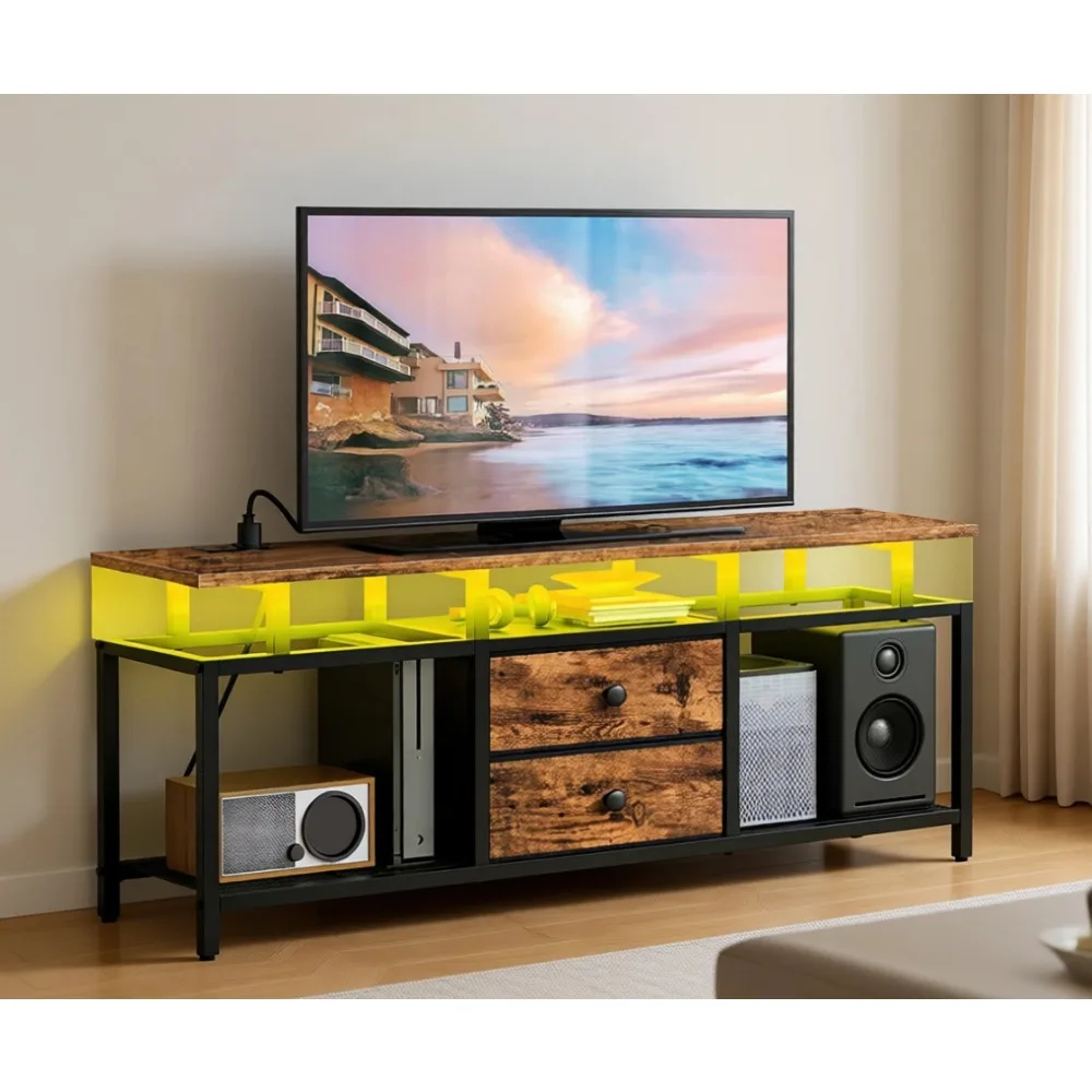 

Brown TV Stand with LED Lights Power Outlets Fabric Drawers Open Shelves 41.7 Inch Media Console for Living Room