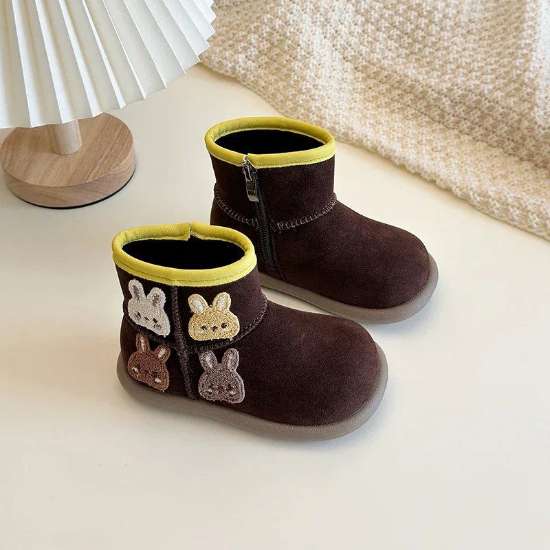 Girls' cotton shoes 2024 winter new style with plush thick boots warm soft soled Cartoon children's snow boots boys to go school