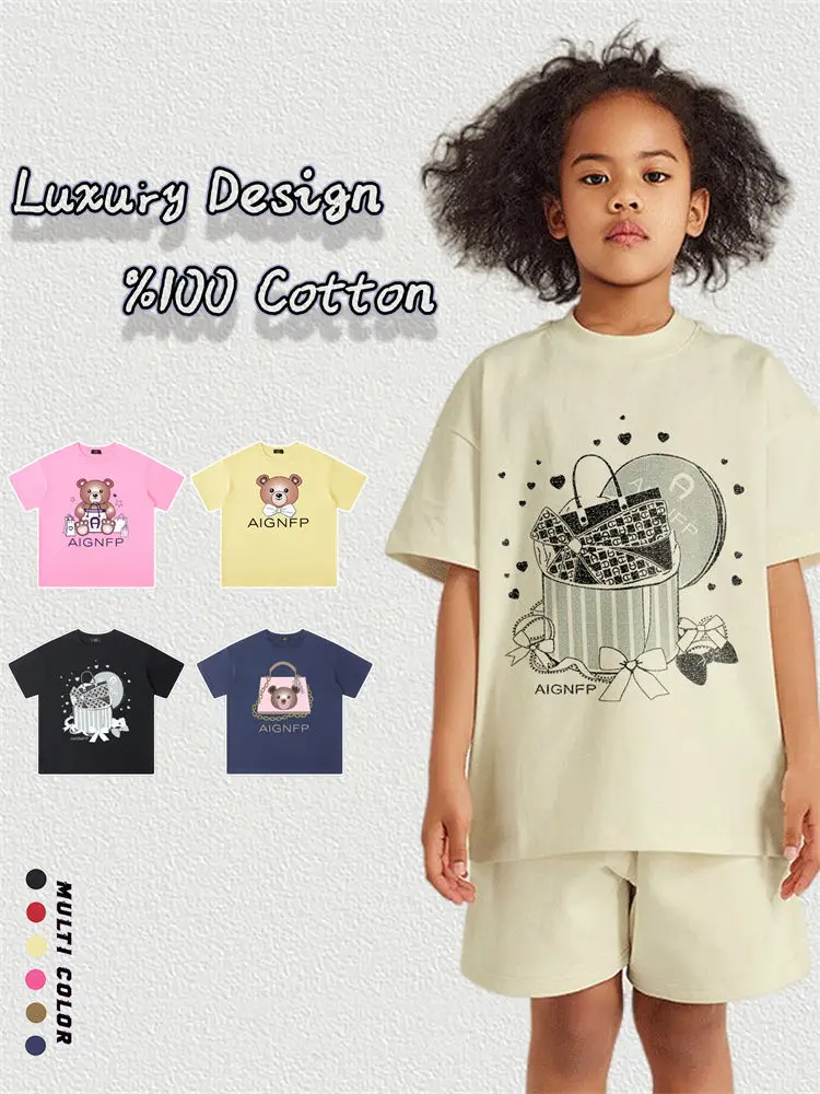 

Cute Kids Tees Bow Bear Girls Clothes Summer Short sleeve Fashion Casual Wear Cartoon print Tops Children's clothing Half sleeve