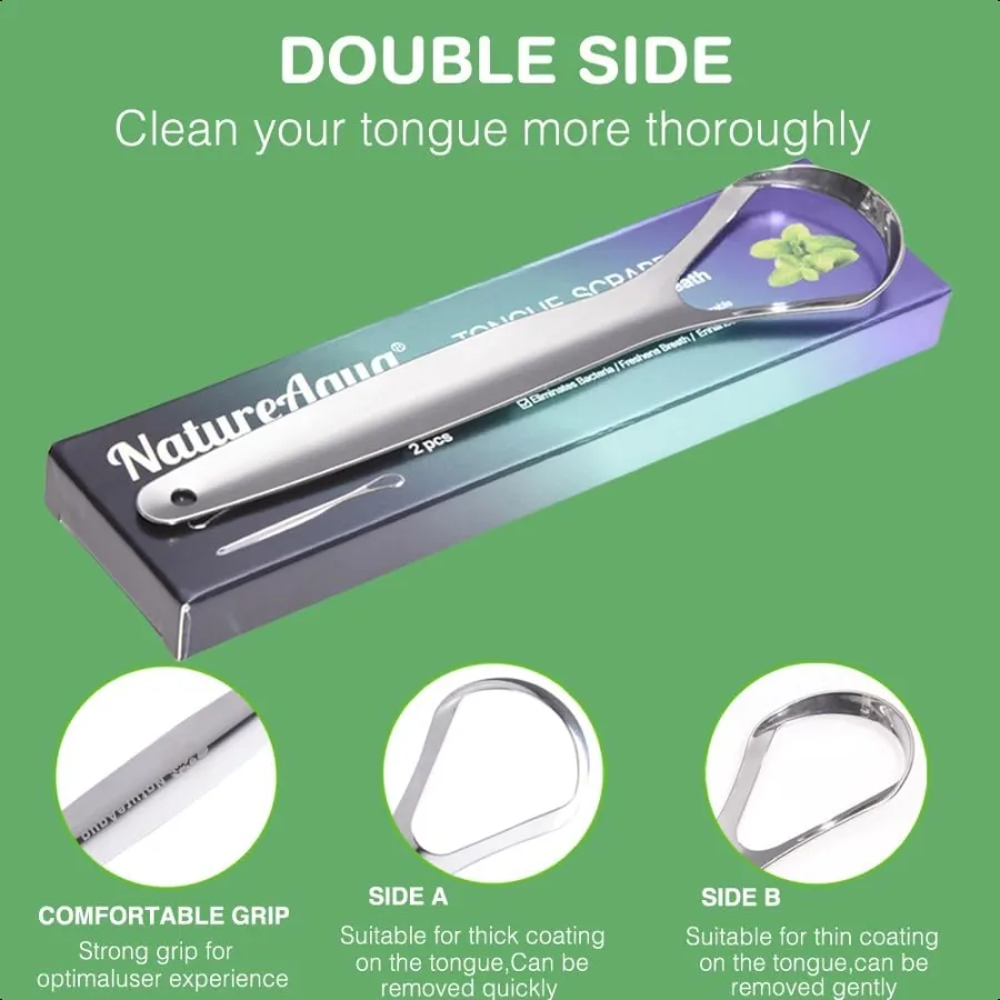 كاشطات فرش اللسان منظفات مكشطة اللسان 2 حزمة منظف اللسان واسع الرأس مع شكل ملعقة يقلل من رائحة الفم الكريهة من الفولاذ المقاوم للصدأ