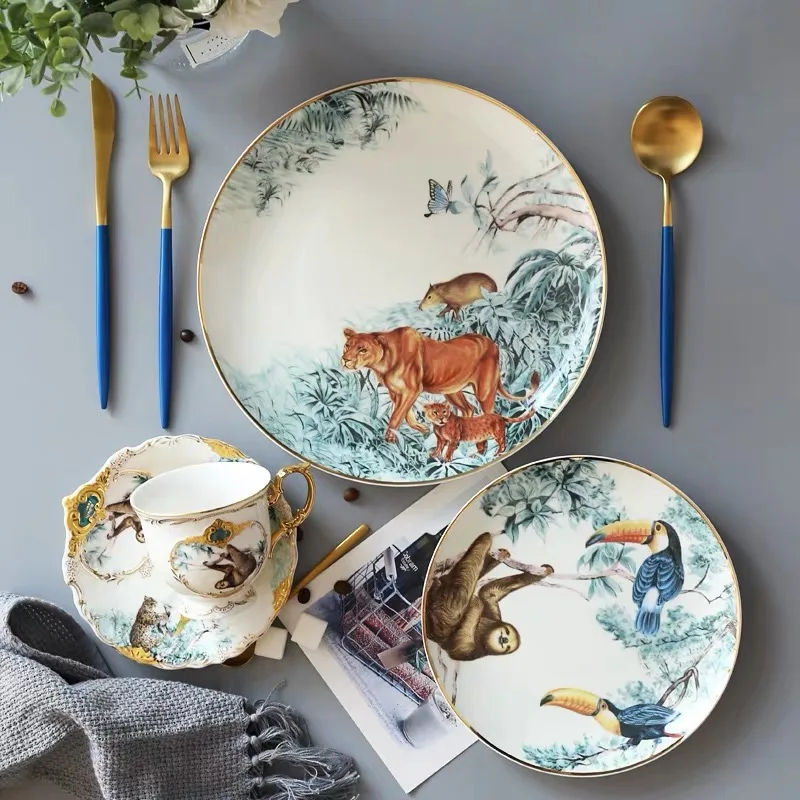 European Ceramic Tableware Forest Animal Coffee Cup Saucer Set Dessert Fruit Steak Plate Home Table Decor Porcelain Dinner Dish