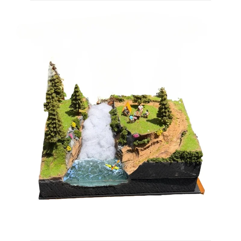 Handmade miniature landscape scene finished product, water feature grass pine forest camping small scene sand table, collection