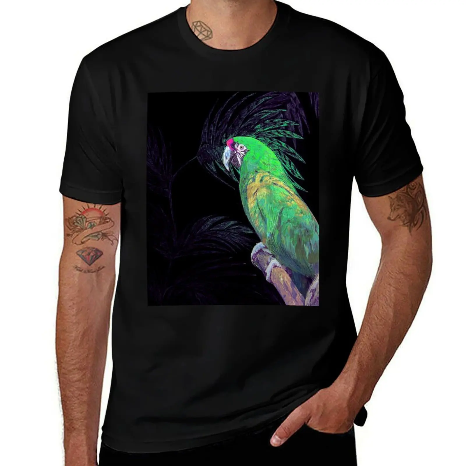 SILVERED GLITTER TROPICAL GREEN PARROT ON BLACK POSTER PRINT DECO ART PICTURE EXOTIC BIRD T-Shirt