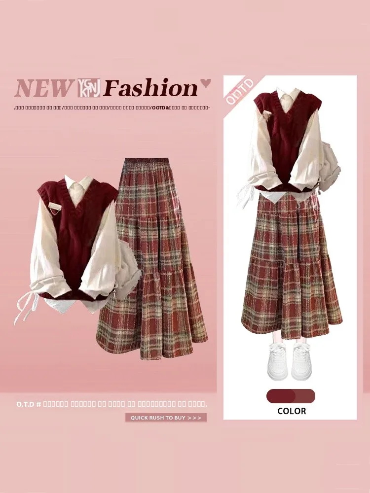 

Новогодний вязаный жилет и юбка в клетку, женский зимний модный комплект, милый, омолаживающий, повседневный стиль для колледжа