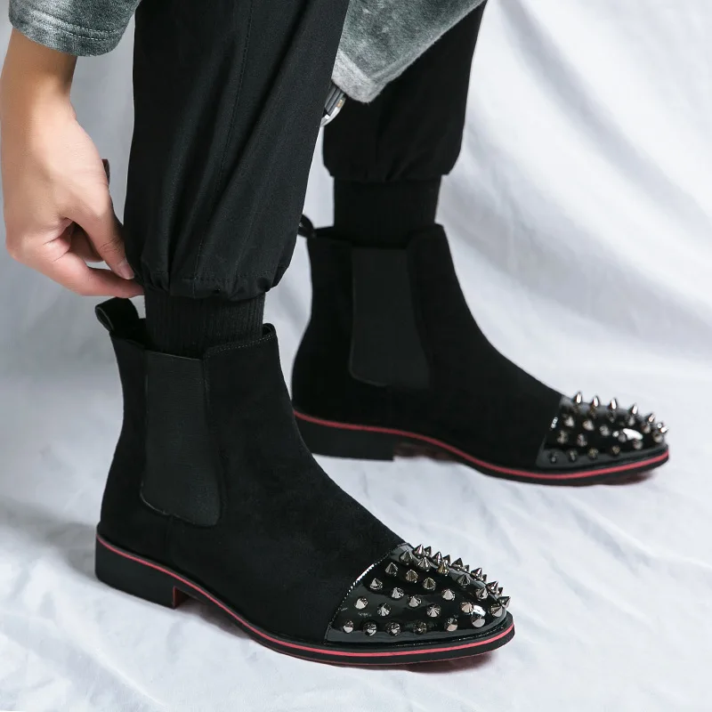 

Men's leather shoes: high-top, retro and fashionable, pointed-toe leather boots, casual and individual, riveted boots