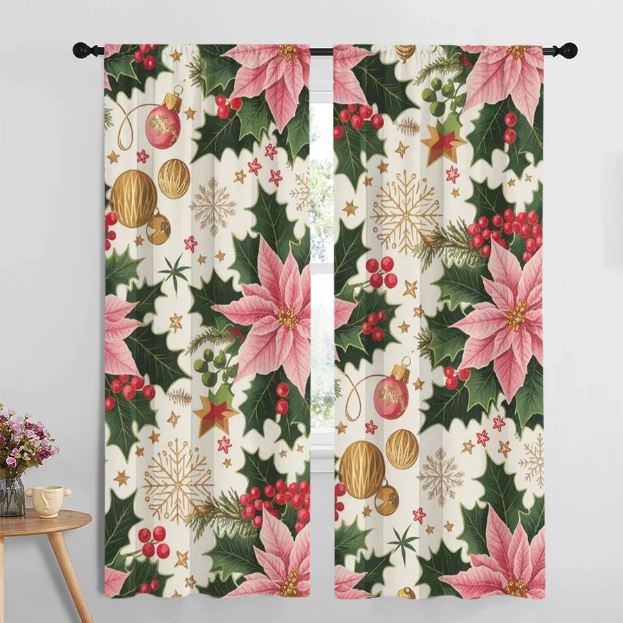 Christmas Holiday Window Curtains Festive Floral Leaf Garland Curtain Panels for Living Room Home Decor