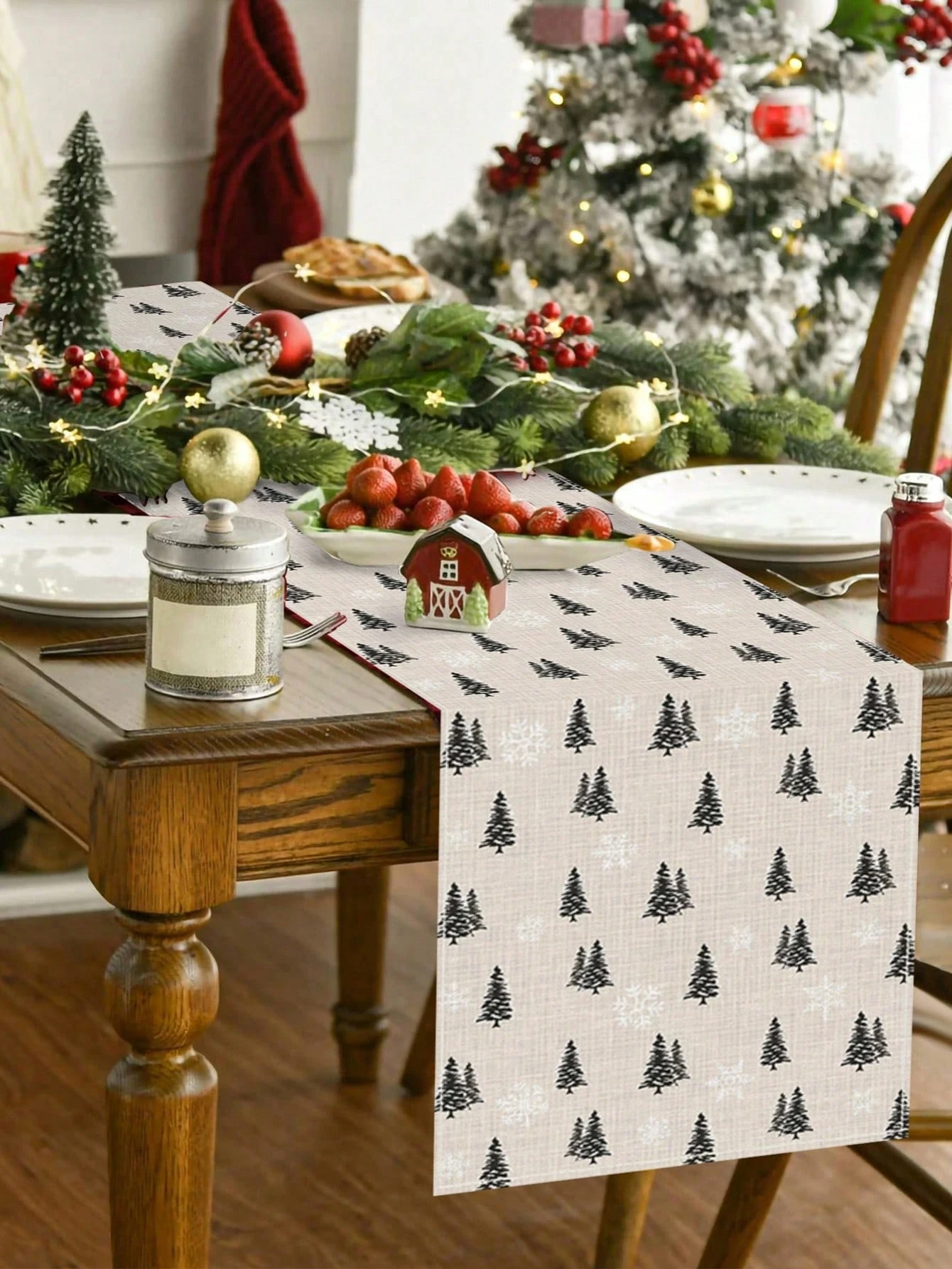 1 Weihnachts-Tischläufer, Weihnachtsbaummuster, minimalistischer Stil, Tischdekoration für Esstisch, Urlaubsdekoration, festliches Design