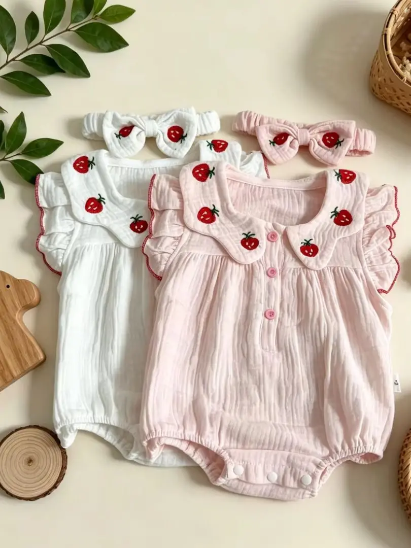 0-2Y Newborn BodySuit 2026 Summer Adorable Baby Girls 100% Cotton Strawberry Gauze Romper and Headband Cute and Soft Outfits