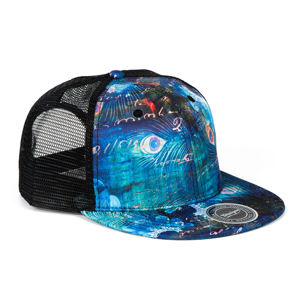 Peafowl-gorra de béisbol con estampado de plumas para hombre y mujer, gorro de camionero de malla transpirable, con visera plana, Snapback