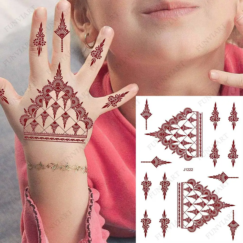 Brown Henna Tattoo Sticker for Children Waterproof Temporary Tattoos Small Size Mehndi Fake Tattoo for Hand Girl Sleeve Body Art