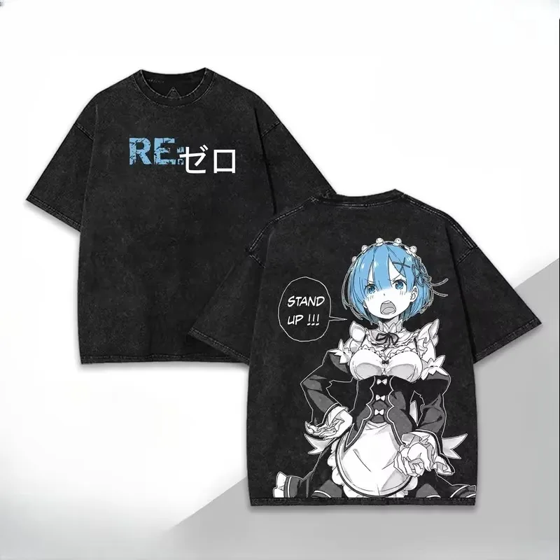 Re ZERO Starting Life in Another World Rem Graphic Print T-shirt Men Women Vintage Washed O-neck Cotton Oversized Streetwear Tee