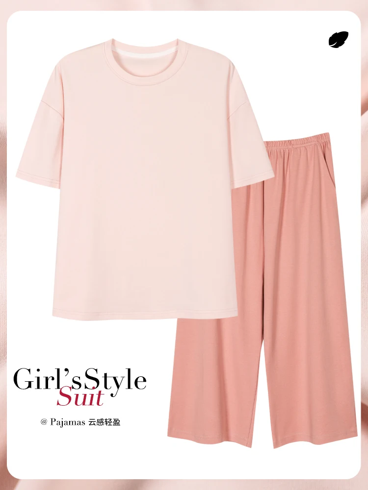 100% Cotton Women Pajama Set Short Sleeve Top Capri Pants O‑Neck Soft Loose Sleepwear Loungewear Home Clothes M‑XXXL