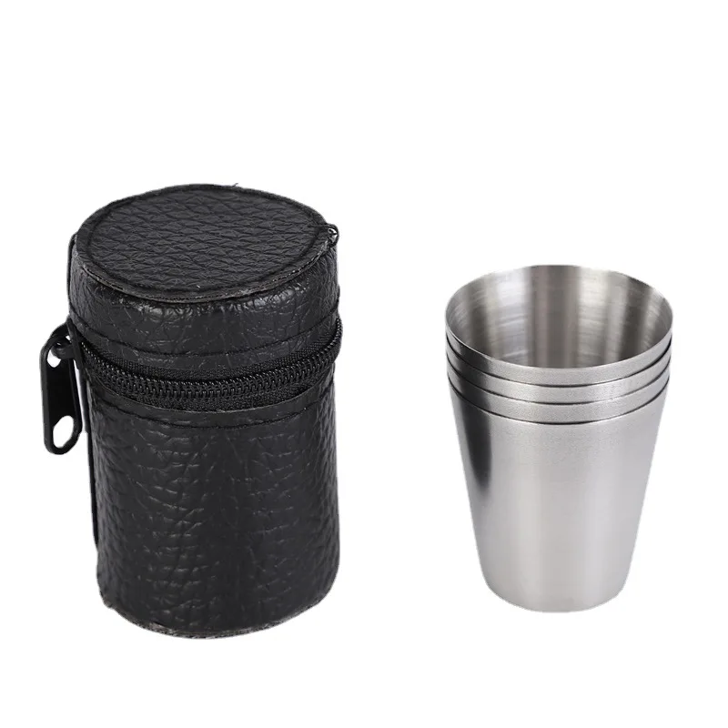 4Pcs/set Polished 30ML Mini Stainless Steel Shot Glass Cup Wine Drinking Glasses With Leather Cover Bag For Home Kitchen Bar