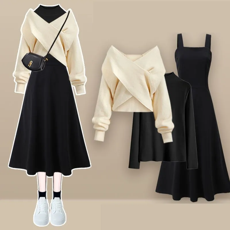 2024 Korean Elegant Winter New Cross Knitted Sweater+Bottom Shirt+Black Strap Dress 3-Piece Suit Women Chic Hoodie Matching Set