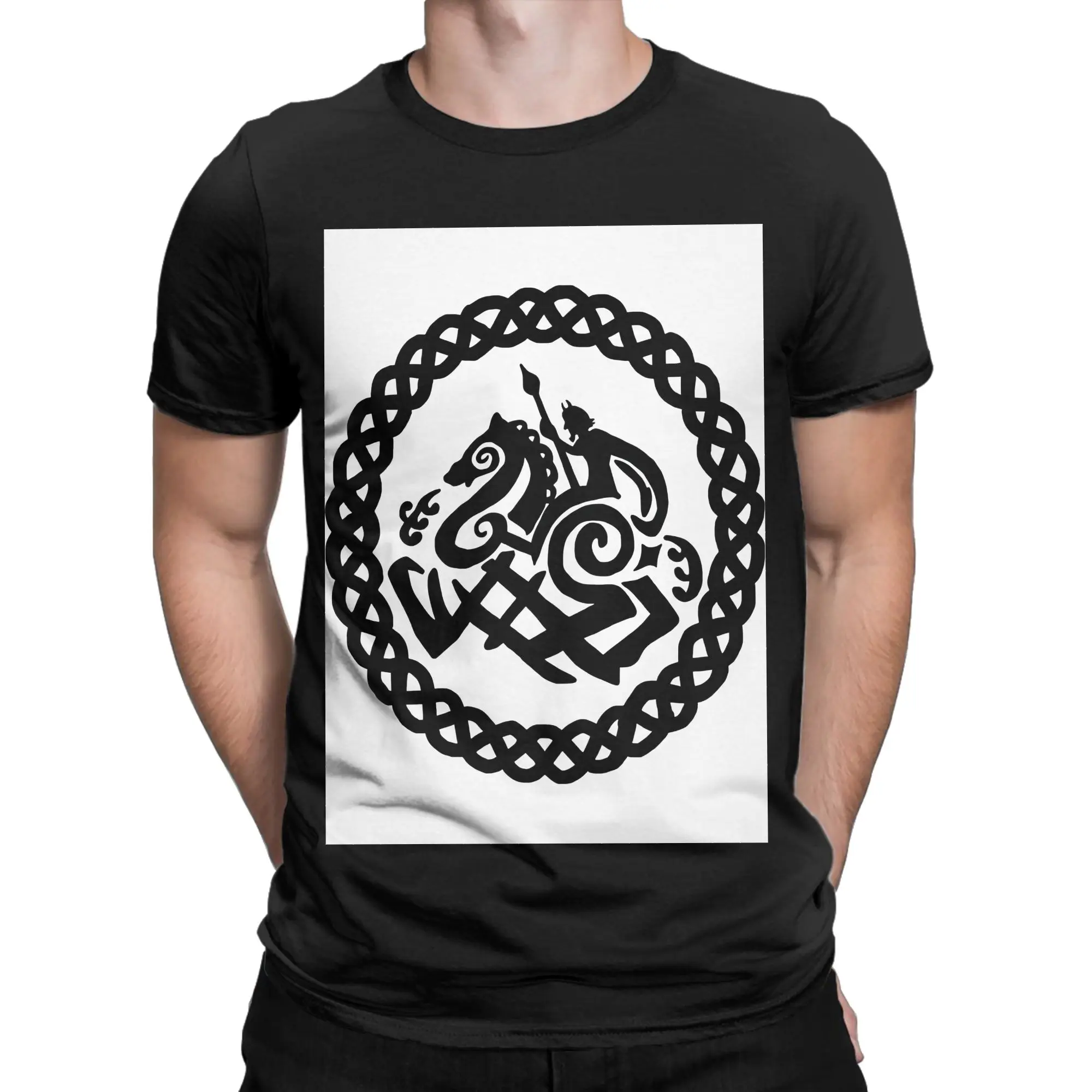 Norse Odin and Sleipnir in  Knot Circle Funny 100% Cotton T-Shirt Sleipnir Tops Tees For Men