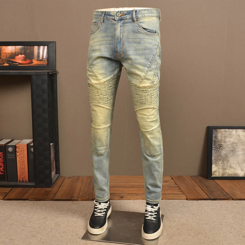 Jeans jeans azul retrô lavado masculino, calça slim fit, jeans de motociclista emendado, hip-hop remendado, moda de rua