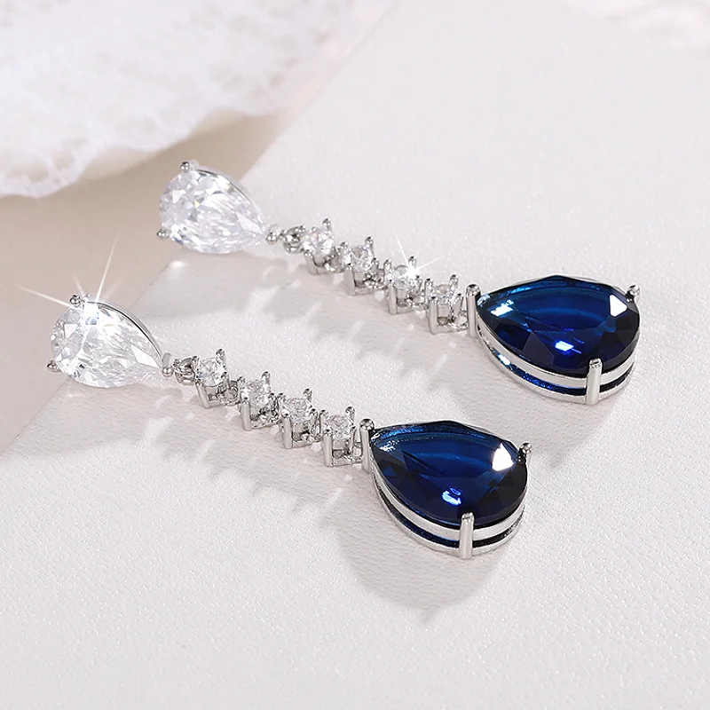 Huitan Elegante Damen-Tropfenohrringe, Hochzeit, Party, Verlobung, Alltag, trendig, charmant, eingelegt, glänzende Birne, blaue CZ, Accessoires, Schmuck