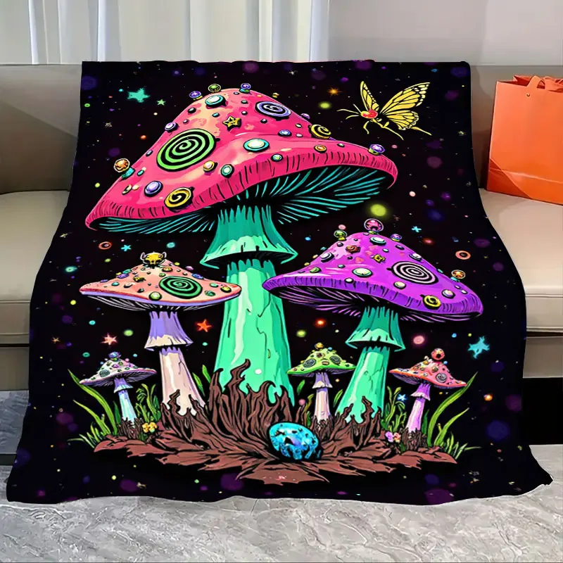 

1pc Flannel Blanket Psychedelic Mushroom Galaxy Blanket - Vibrant Trippy Space Design
