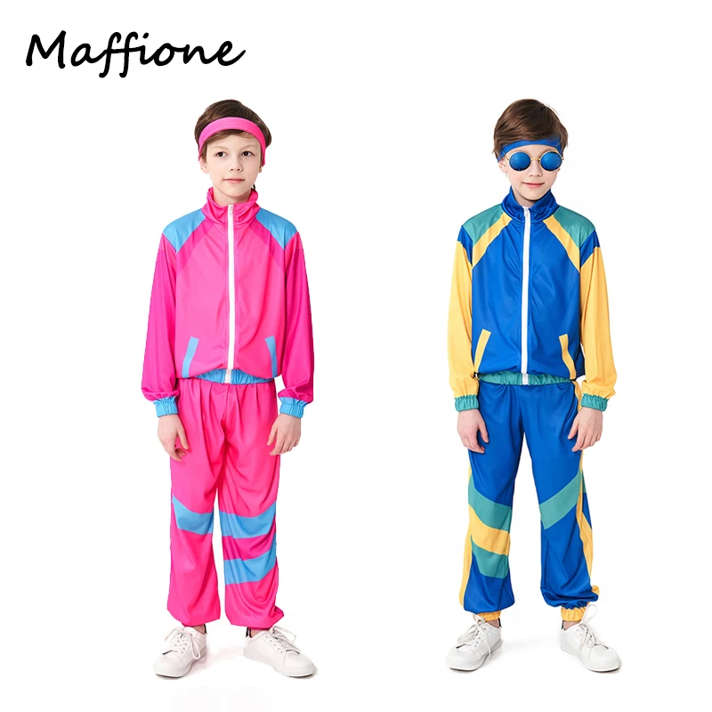 

Kids Retro Hip-hop Dance Clothes Pink Blue 80s 90s Set Outfits Coat Pants Children Stage Costume Halloween Carnival Party Suits