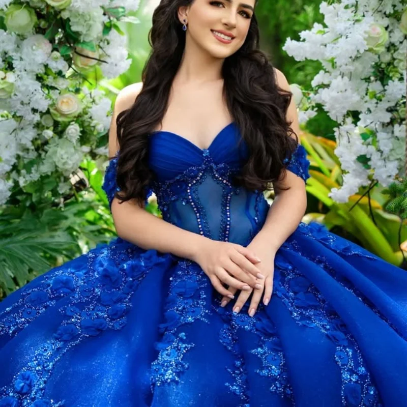 

Customized Shiny royal blue Quinceanera Dresses Off the Shoulder sequin applique 3D flower Long tail Vestido 15 Quinceanera