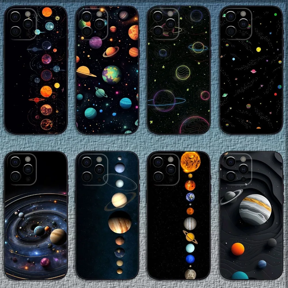 Funda de teléfono Space Planet Sun Moon Stars para iPhone 16,15,14,13,12,11,Pro,X,XS,Max,XR,Plus,Mini funda negra suave