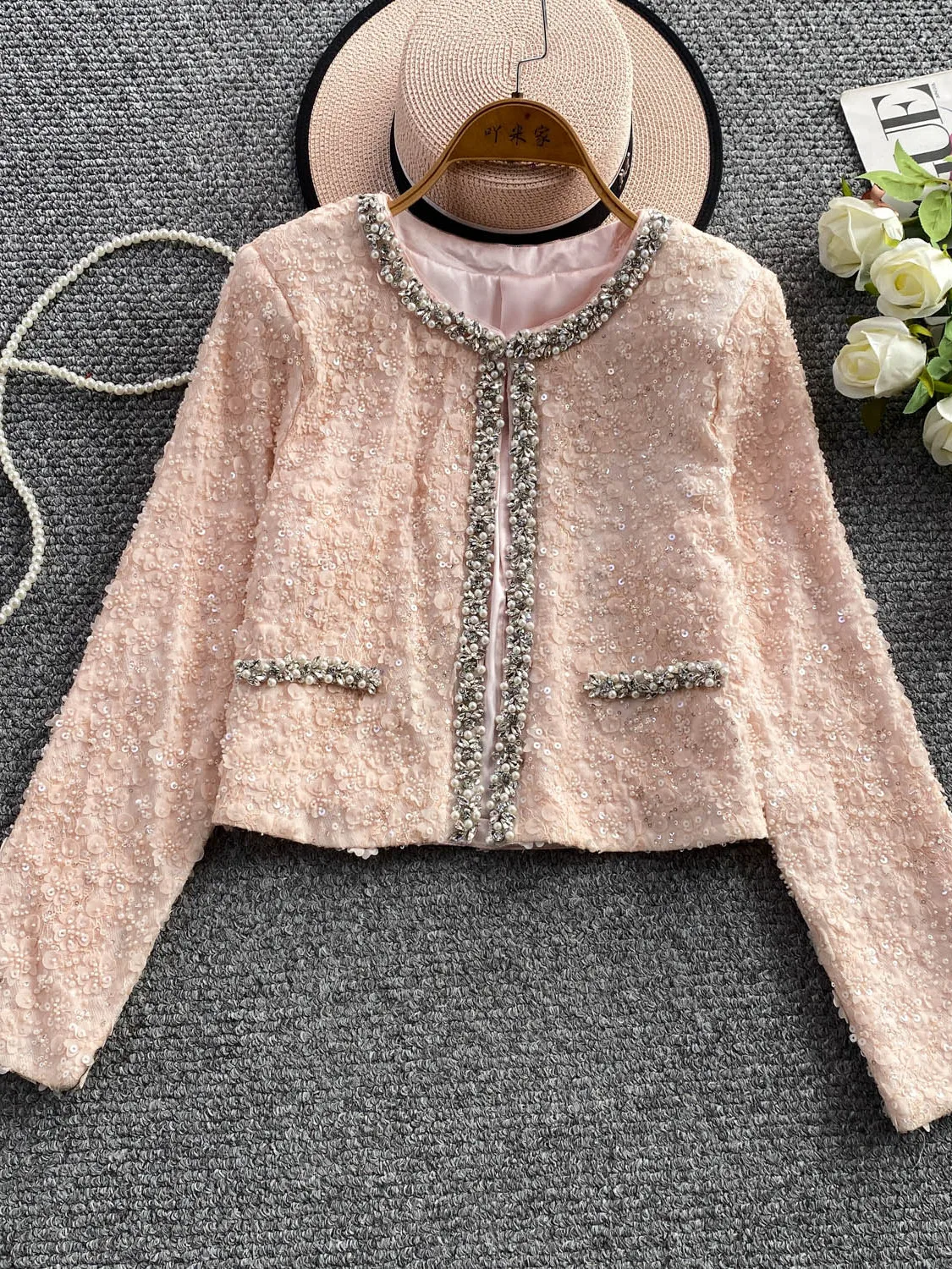  round Neck Diamond Embellished Lace Jacket Women's Slimming Shiny Sequin Top Commute Style Loose Fit Long Sleeve