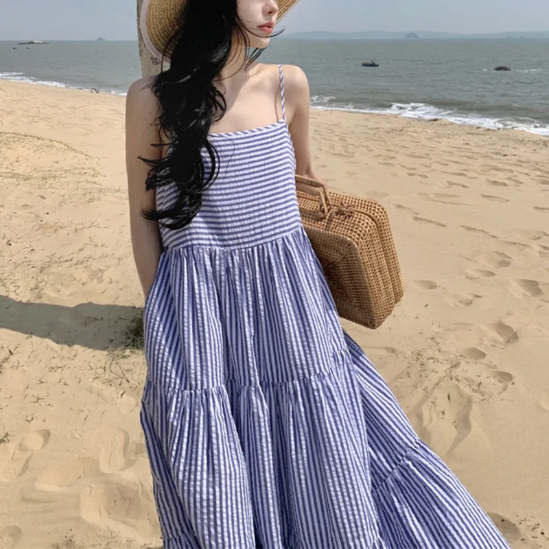 HKSH Sommer Neue frauen Flut Trendy Urlaub Stil High Street Süße Casual Mode Vielseitig Gestreiften Plissee Strap Kleid HK6367