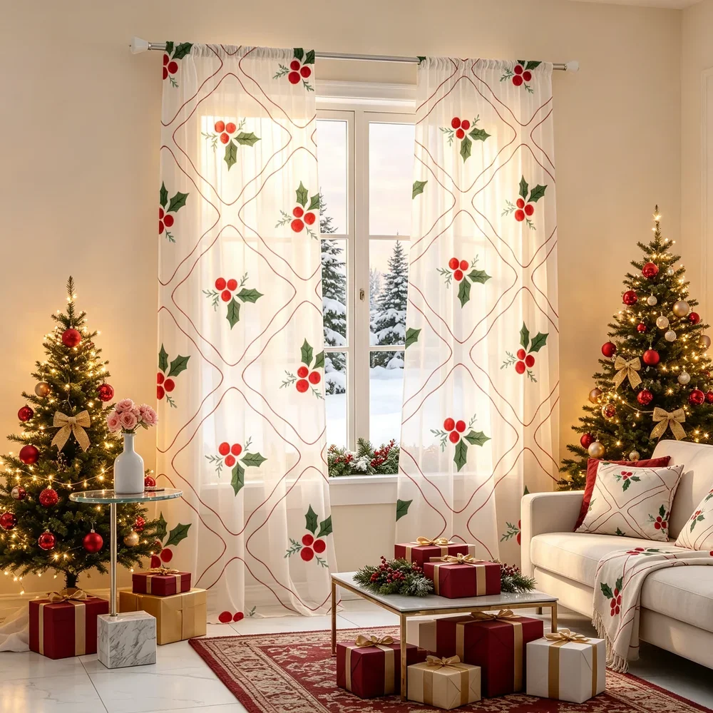 Elegant Christmas Window Curtains sheer festive red and green leaf pattern for living room home decor