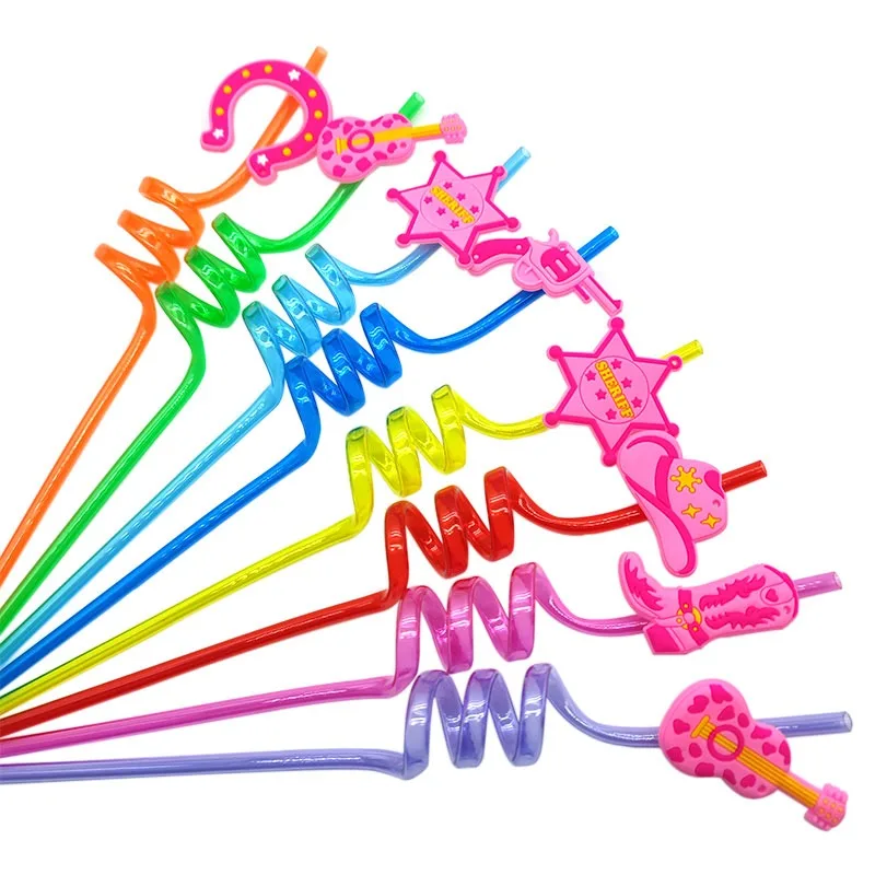 8pcs Cowgirl Plastic Drinking Straws Pink Party Reusable Spiral Straws for Cowgirl Birthday, Rodeo, Western Party Decor Favors