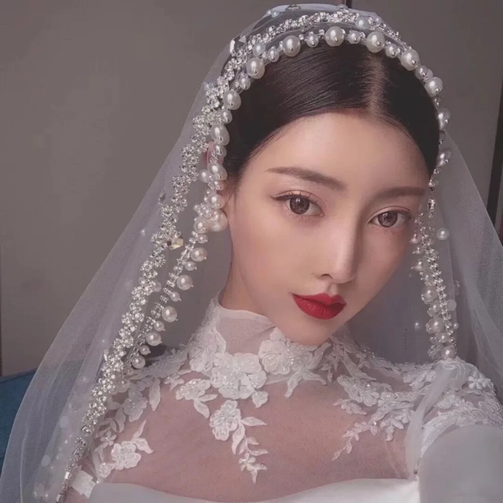 Luxury Short Bridal Veils Soft Tulle Pearl Beaded Wedding Veils Wedding Party Decorations