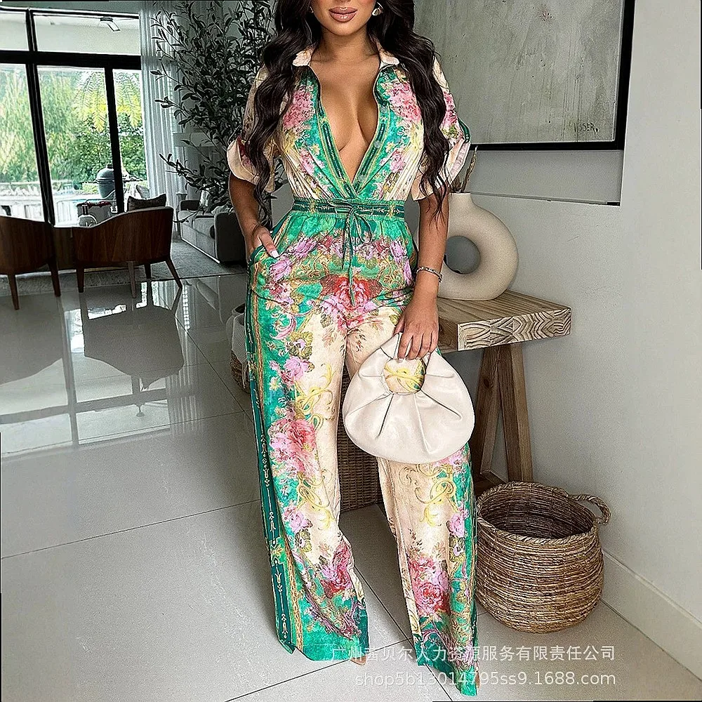 Retro Floral Print Elastic Waist Wide Leg Jumpsuit Overall Pants Spring Summer