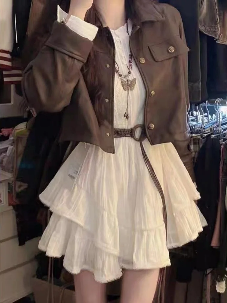 

Fall Fashion Short Workwear Jacket Doll Collar Dress Set Spicy Girl Design Sense Street Style Polyester Long Sleeve Zipper